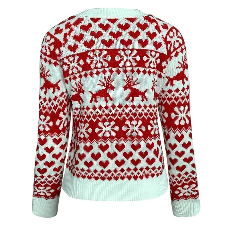 Xmas Look 2024 Women Christmas Sweater Print Jacquard Knitted Jumper Full Sleeve O Neck Warm Soft Pullover Tops Female Knitwear