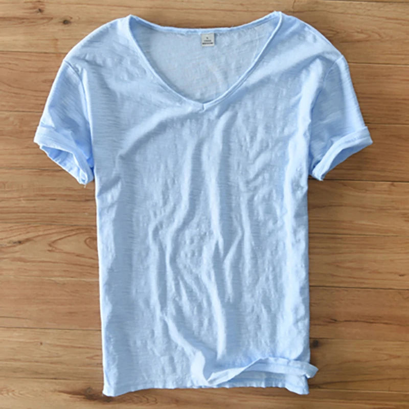 Summer T Shirt Men 100% Cotton Short Sleeve Tshirt V-neck Tops&Tee Breathable Comfortable Slim T-shirt Men Dropshopping