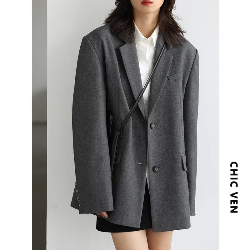 CHICVEN Women Office Lady Blazer Cuff Embroidery Wide Shoulder Twill Suit Women's Autumn Ladies Outerwear Stylish Tops