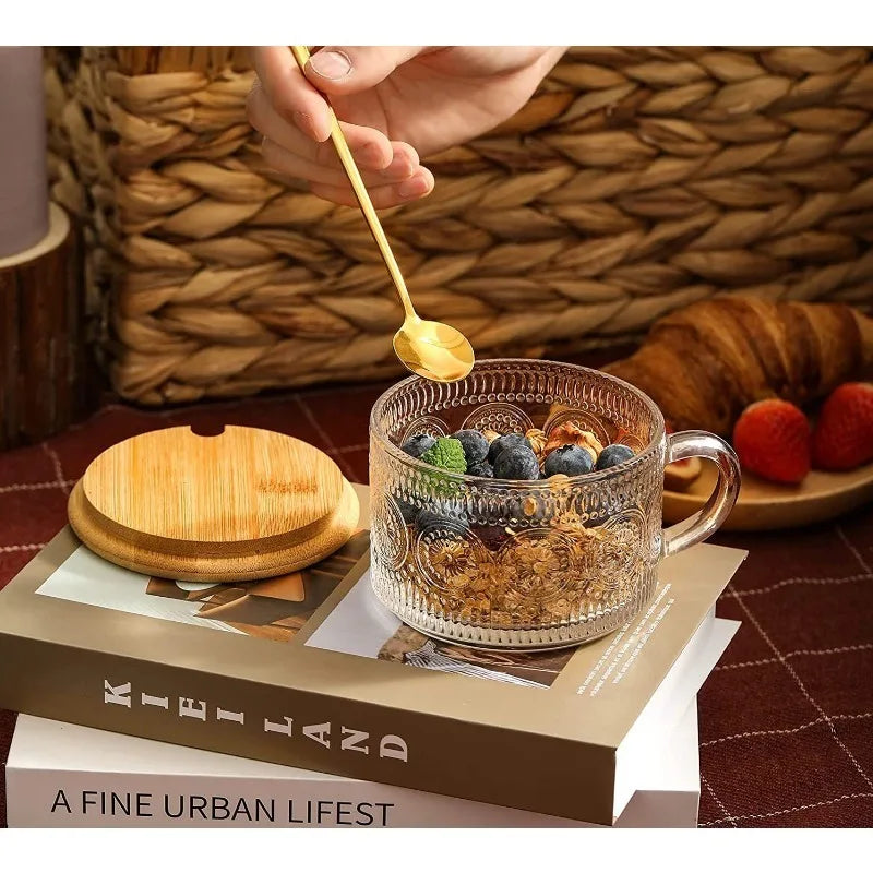 400ml Glass Breakfast Cup with Bamboo Lid and Spoon Wear-resistant Durable Texture Transparent Milk Oat Cup Drinking Glasses