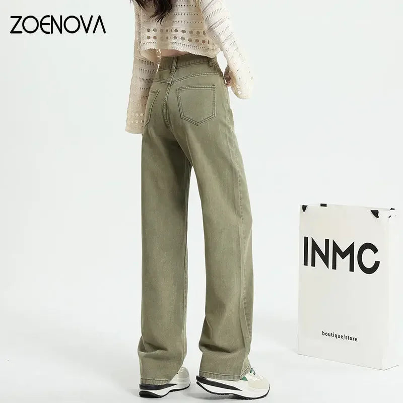 ZOENOVA Korean Long Trousers Casual Denim Pants Simple Female Spring Straight Loose Women's Wide Leg Jeans Pink Purple Red