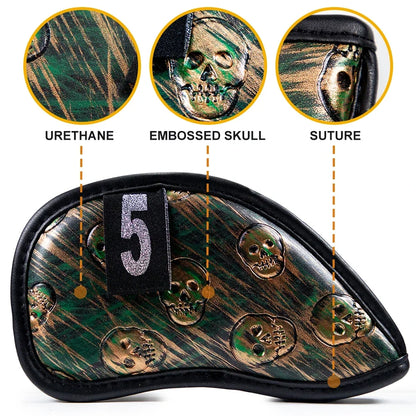 12x Skull Golf Iron Headcover Anti-Scratch Irons Guard Golf Club Head Coversiron Protectors Skull Embroidery PU Waterproof