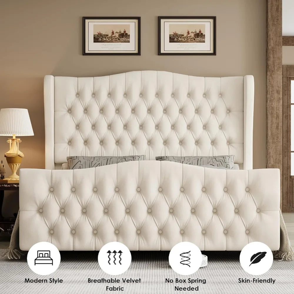 King Bed Frame with Velvet Upholstered Deep Button Tufted Wingback Headboard and Footboard, No Box Spring Needed, King Bed Frame