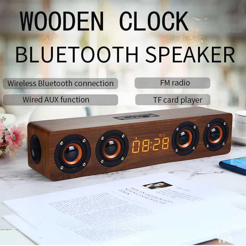 Wireless Bluetooth 5.0 Speakers For Computers Wooden Alarm Clock Display Sound System Player with AUX TF FM Radio Subwoofer Box