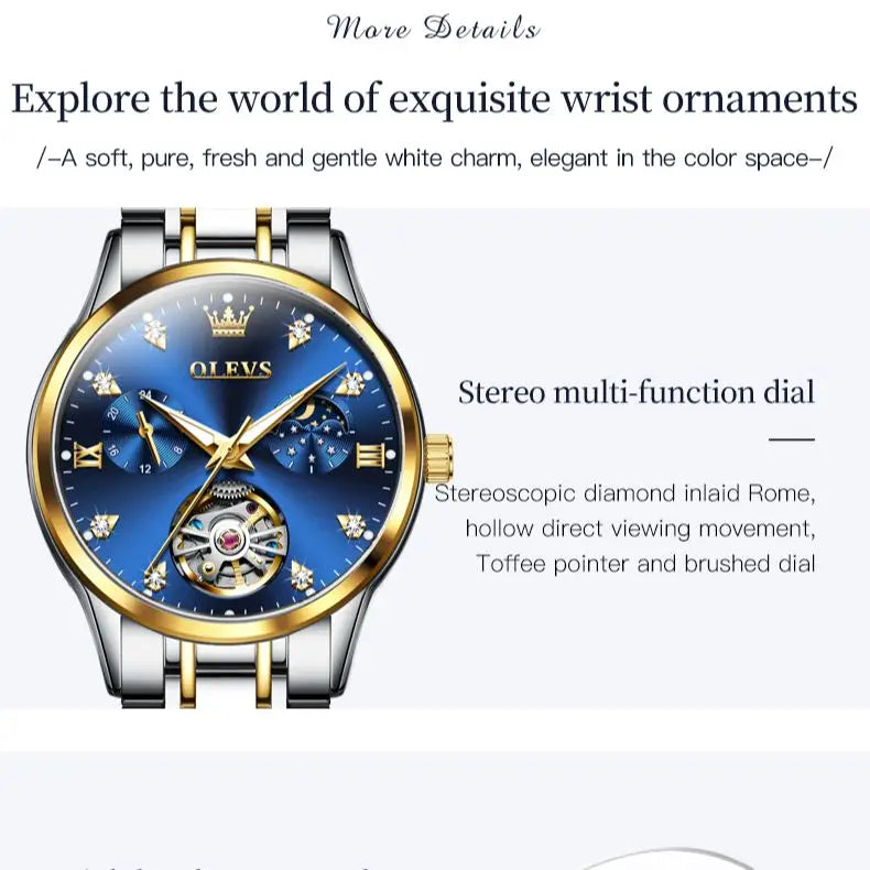 OLEVS Automated Mechanical Women's Watch Skeleton Hollow Moon Phase Date Display Elegant Luxury Watch for Ladies Original