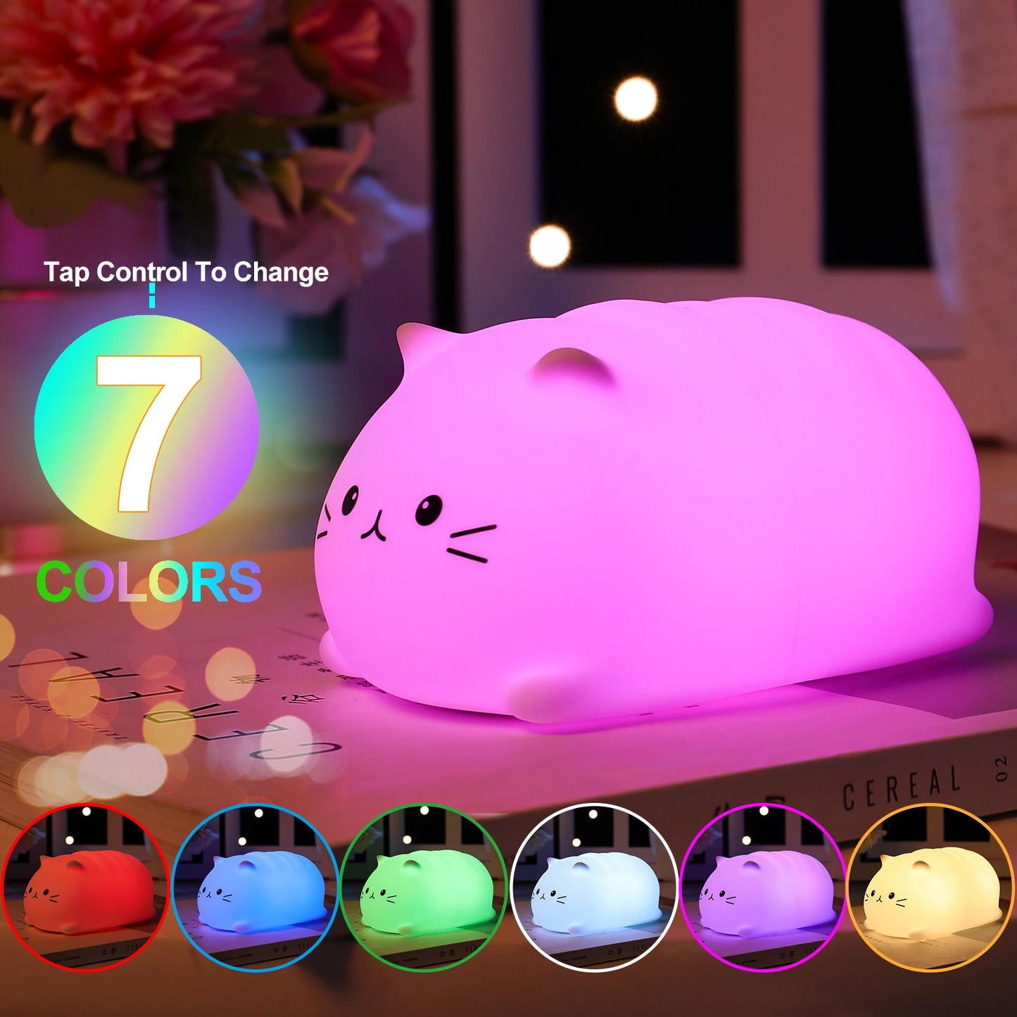 Soft Cat Led Night Light Rechargeable Eye Protection Bedroom Bedside Silicone Lamp For Children Kids Kitten Baby Gift