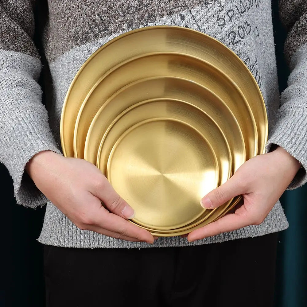 14/17/20/23/26CM Stainless Steel Bone Spitting Dish Gold Silver Shallow Tray Round Plate Metal Dining Disc Dessert Tableware