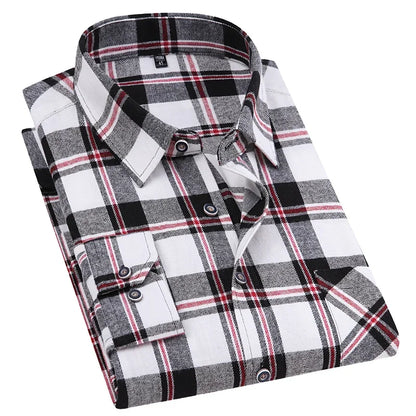 Men's 100% Pure Cotton Flannel Soft Regular-fit Long Sleeve Brushed Shirt Single Pocket Comfortable Casual Plaid Shirts S-8XL