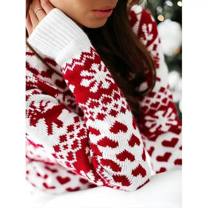 Xmas Look 2024 Women Christmas Sweater Print Jacquard Knitted Jumper Full Sleeve O Neck Warm Soft Pullover Tops Female Knitwear