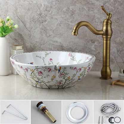 JIENI Art Ceramic Basin Set Spring Blossoms Design Washbasin Bathroom Sink Set Antique Brass Water Mixer Tap Faucet W/ Pop Drain