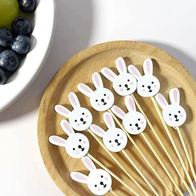 100pcs Easter Disposable Bamboo Skewers Rabbit Eggs Food Picks Fruit Fork Sandwich Buffet Stick Easter Decoration 2024 Birthday