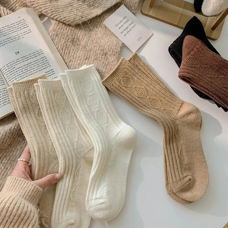 3 Pairs/Lot New Cashmere Wool Socks Women's Winter Thicken Warm Black White Pack Set Thermal Japanese Fashion Solid Color