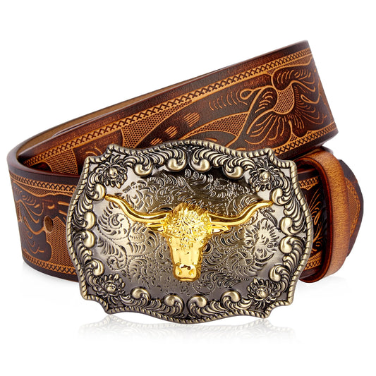 Western Embossed Genuine Leather Men Belts Golden Cowboy Longhorn Bull Pattern Floral Engraved Buckle Belt For Men Free Shipping