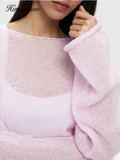 Hirsionsan Elegant Sweater Women Summer Autumn Casual Fashion Loose Women Pullovers Chic Pink White Jumper Sueter Mujer