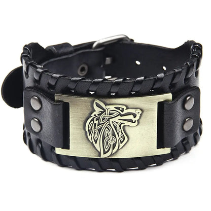 Vintage Viking Leather Braided Bracelet for Men Celtic Wolf Head Bangle Classic Animal Motifs Jewelry On The Hand Accessories