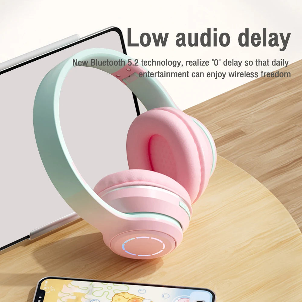 Gradient Color Bluetooth Headphone Wireless Music Headset LED Light With Mic Gamer Earphone Kids Lovely Christmas Gifts