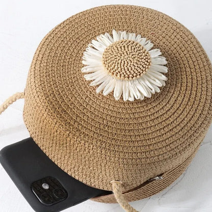 Flower Graphic Circle Straw Bag, Vintage Shoulder Beach Bag, Women's Crossbody Purse Mini Floral Decor Straw Crossbody Bag