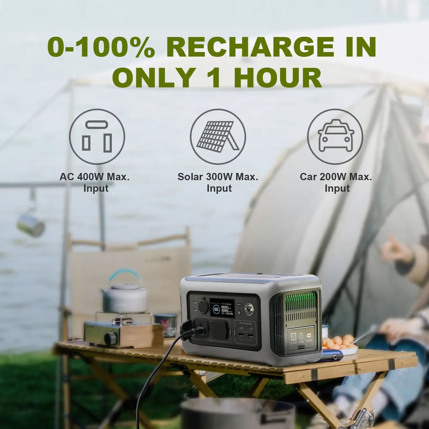 ALLPOWERS R600 Powerstation Lifepo4 Battery 299Wh 600W Solar Generator (Recharge from 0-100% in 1 Hour) With 200W Solarpanel