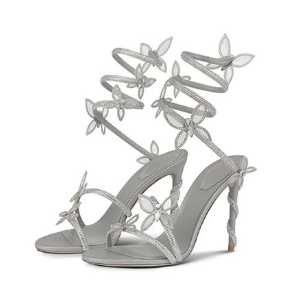 Eilyken Sexy Crystal Butterfly-knot Ankle Strap Sandals Woman Fashion Open Toe Stiletto High Heels Banquet Party Pumps Shoes