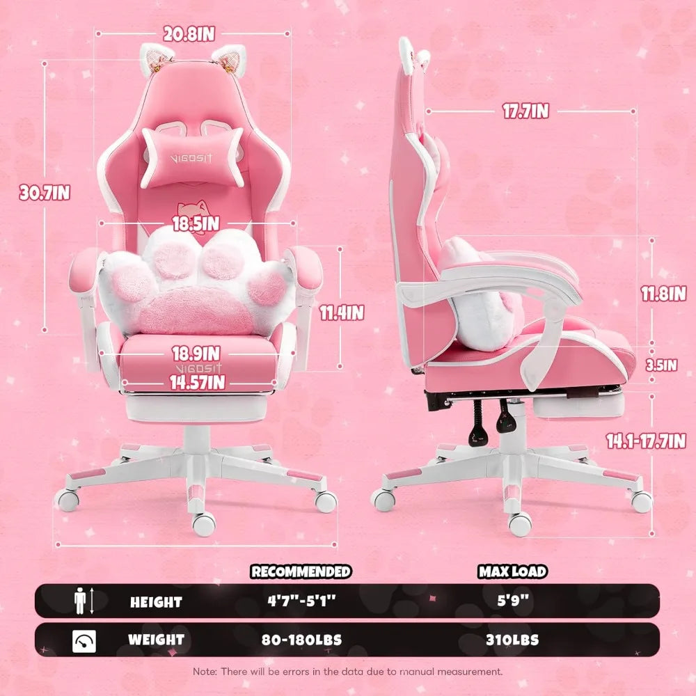 Pink Gaming Chair With Cat Paw Lumbar Cushion and Cat Ears Computer Armchair Reclining PC Game Chair for Girl Kids Teen Gamer