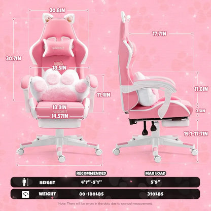 Pink Gaming Chair With Cat Paw Lumbar Cushion and Cat Ears Computer Armchair Reclining PC Game Chair for Girl Kids Teen Gamer