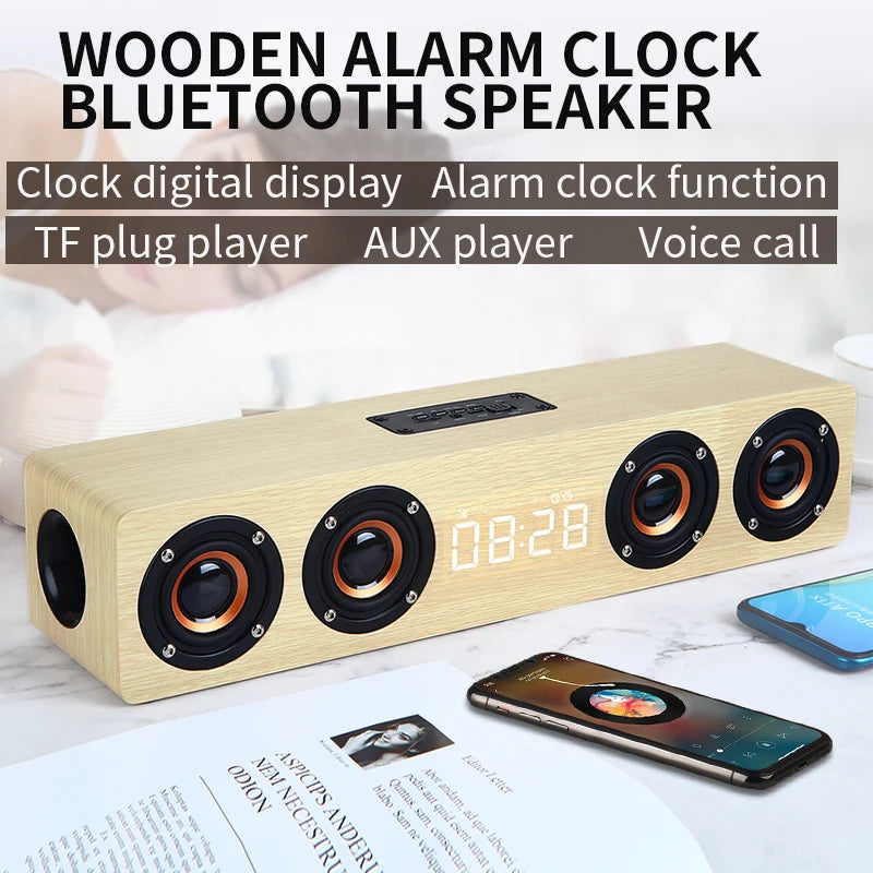 Wireless Bluetooth 5.0 Speakers For Computers Wooden Alarm Clock Display Sound System Player with AUX TF FM Radio Subwoofer Box