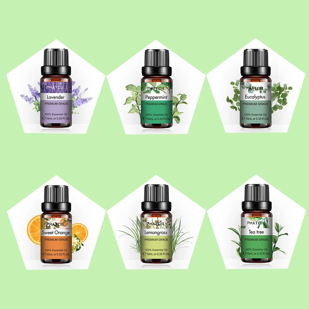 PHATOIL 6pcs Essential Oils Set 10ml Gift Box for Diffuser Skin Care Lavender Eucalyptus Peppermint Tea Tree Orange Lemongrass