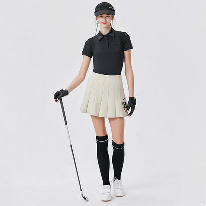 Blktee Korean Women Golf Shirts Sports Tops Summer Slim Lapel T-shirt Ladies Split Pencil Skort Pleated Skirt Culottes Golf Wear