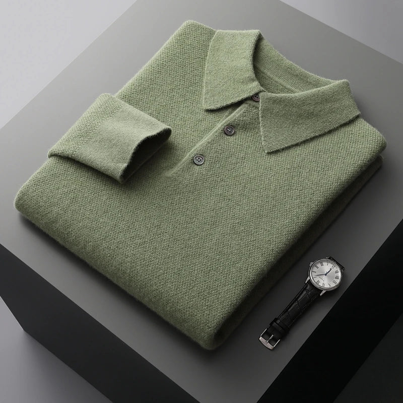 MVLYFLRT 100% Pure Merino Wool Men's POLO Collar Pullover Autumn Winter New Honeycomb Needle Shirt Fashion Knitted Men's Jacket