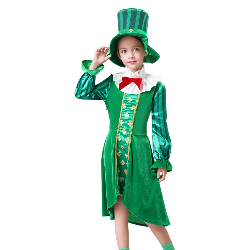 Kids Boys Girls Irish Gnome Leprechaun Green Fancy-dress Outfit St Patricks Day Party Costumes