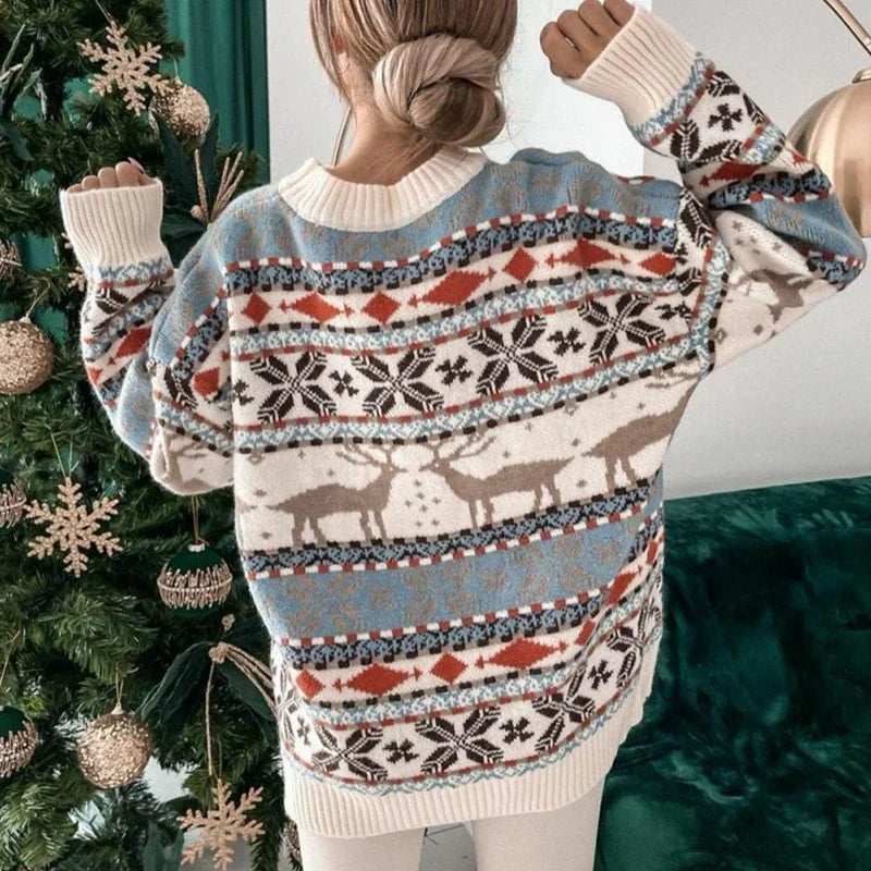 2024 Winter Christmas Sweaters for Women Jacquard Print Warm Soft Knitwear Full Sleeve Casual Loose Jumpers Xmas Look Pull Femme