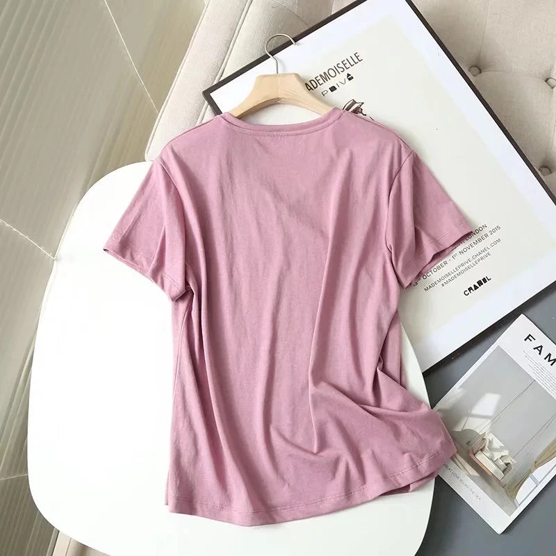 Withered Indie Folk Simple Cotton Linen Fashion V-neck Summer Tshirt Women Short Sleeve Casual Tops