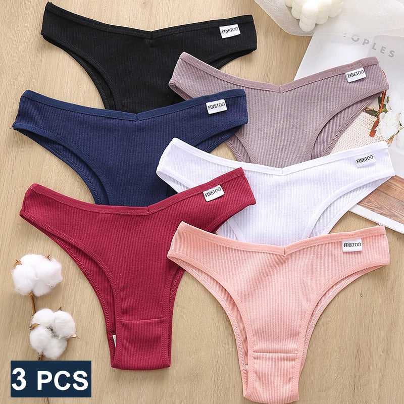 FINETOO 3PCS Women Cotton Lingerie Female Thongs Sexy Underwear Low-Rise Underpant Women's Panties Brazilian Pants Bikini Briefs