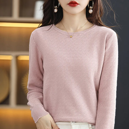 Autumn Winter Women's 100% Cotton Soft Sweater O-Neck Pullover Cstereoscopic Bulge Pattern Casual Knitted Bottoming Warm Sweater