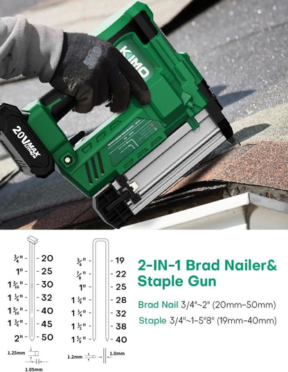 KIMO 18 Gauge Nail Gun Battery Powered w/ 2 X 2000mAh Battery, 1000pcs Nails and Staples, 2 in 1 Cordless Brad Nailer/Electric S