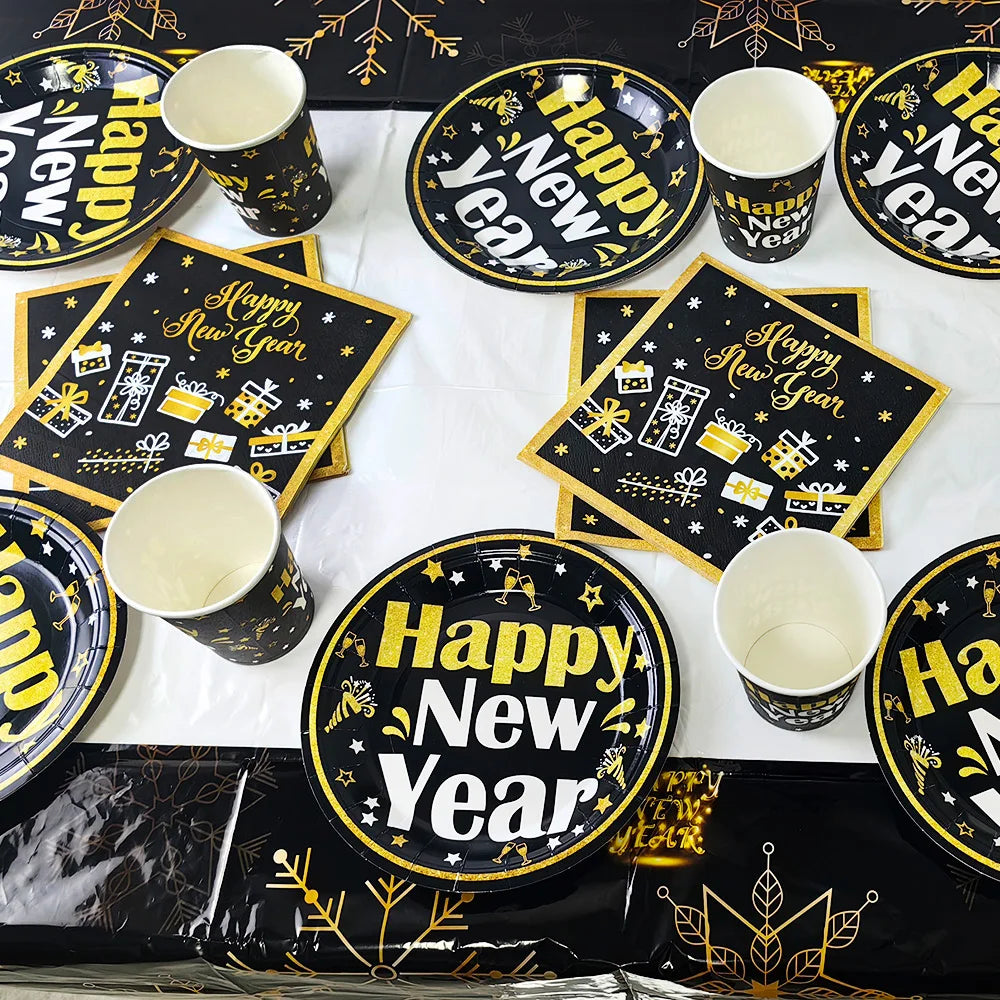 New Year Theme Disposable Tableware Paper Plates Cups Napkins Happy New Year 2025 Black Golden Party Decoration Supplies