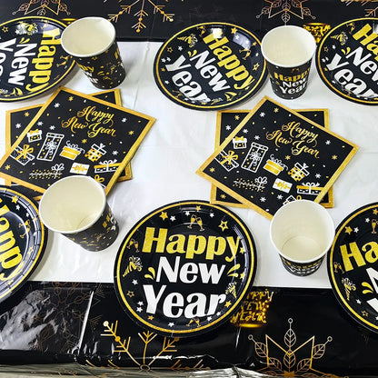 New Year Theme Disposable Tableware Paper Plates Cups Napkins Happy New Year 2025 Black Golden Party Decoration Supplies