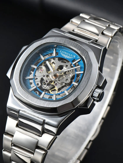 LONGLUX automatic watch luxury mechanical wristwatches stainless steel skeleton waterproof mens watch men gift