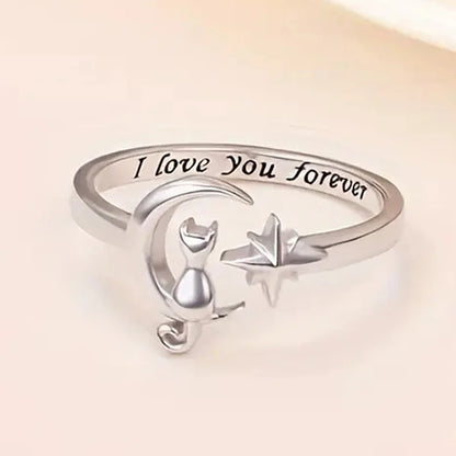 Huitan 925 Sterling Silver Opening Rings Unique Moon Star Cute Cat Design Finger Rings for Women Romantic Love Jewelry Best Gift