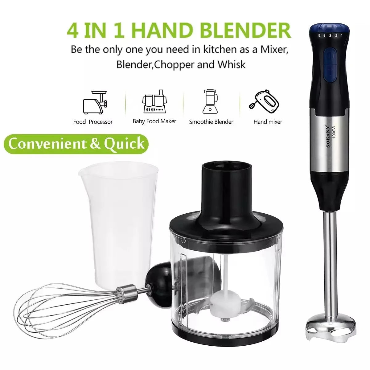 Sokany Powerful 4 in 1 Stick Hand Blender Set Stainless Steel Immersion Chopper Beaker Electric Whisk For Kitchen Baby Food