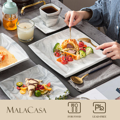 MALACASA Blance 30/60PCS Marble Grey Porcelain Tableware Dinnerware Set with Dessert/Soup/Dinner Plate/Cup/Saucer,Service for 12