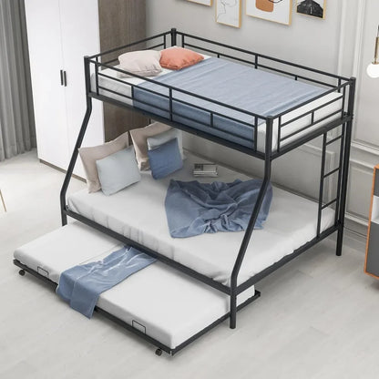 Twin over Full Bunk Bed with Trundle,Triple Bunk Beds with 2 Ladders&Full-Length Guardrail,No Box Spring Needed,Noise Free,Black