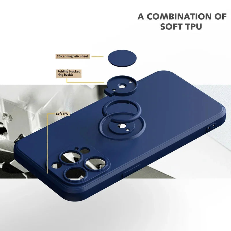 Magnetic Soft Silicone Phone Case For iPhone 16 15 14 13 12 11 Pro Max XS XR 8 7 Plus SE 2022 Full With Ring Holder Stand Cover