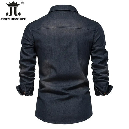 US Size S-5XL Cotton Men's Long-sleeved Washed Denim Shirt Casual All-match Button Solid Color outdoor Shirt Male