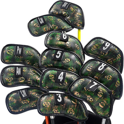 12x Skull Golf Iron Headcover Anti-Scratch Irons Guard Golf Club Head Coversiron Protectors Skull Embroidery PU Waterproof