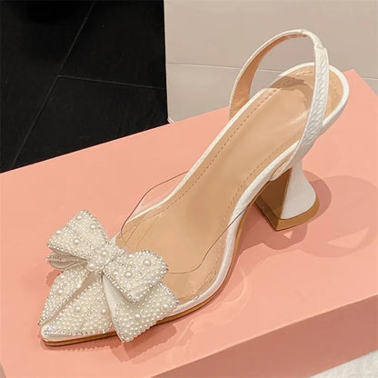 Eilyken Spring Butterfly-knot PVC Transparent String Bead Women Pumps Sandals Fashion Pointed Toe Party High Heels Mule Shoes