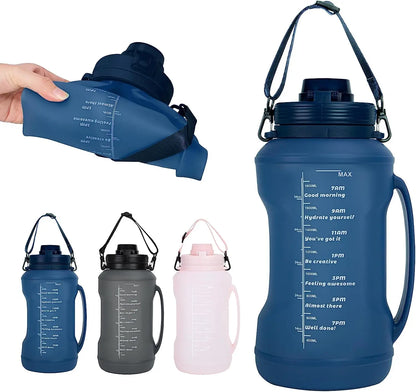 2L Collapsible Water Bottle - Foldable Silicone Travel Water Bottle with Motivational Times to Drink - with Straw