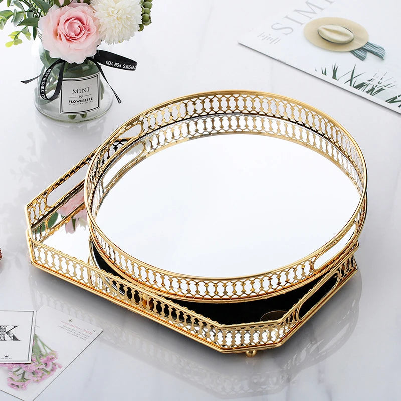 Metal Decorative Tray Makeup Organizer Box Jewelry Display Home Decorative Mirror Tray Fruit Snack Candy Dish Tea Table Storage