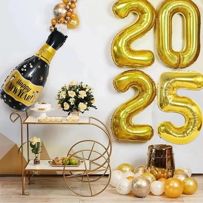 5pcs/set 2025 Aluminum Foil Number Balloon Champagne Bottle 2025 Happy New Year Decorations Balloons Photo Props Digital Ballons