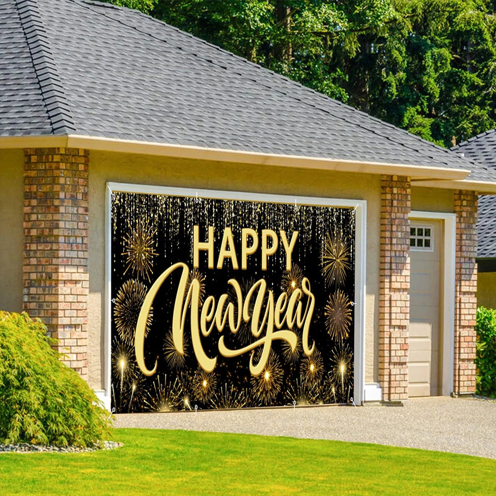 Happy New Year Garage Door Decorations Backdrop Large Garage Door Cover Banner Outdoor Indoor Wall Courtyard Photo Background